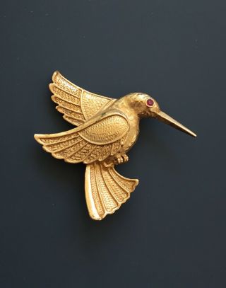 Unique Vintage Hummingbird Pin/brooch In Enamel On Gold Tone Metal