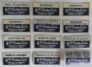 (12) Vintage J.  F.  Patterson Druggist And Chemist Labels (inv20649)