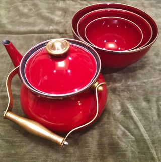 Vtg Red Teapot Kettle - Enamel On Metal - Brass Handle - Bowls Separately