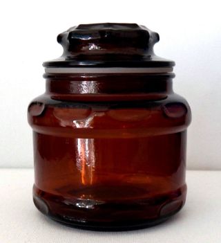 Fine Vintage Brown Glass Small Apothecary Jar With White Plastic On Base Of Lid