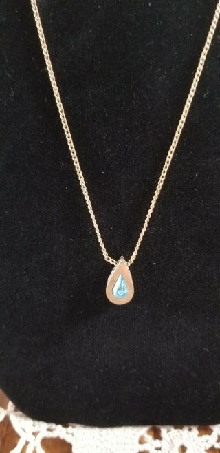 Vintage Avon Necklace 16 Inch W/ Teardrop Blue/ Gold Stone