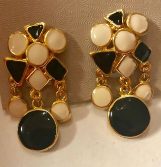 Goldtone Enamel Geometric Earrings Clip Ons Well Made Nos Vintage 80 