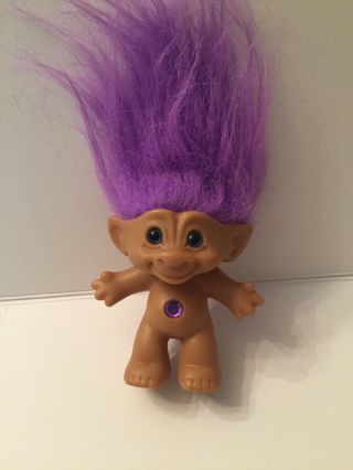 Vtg Treasure Troll Doll Ace Novelty 3” Purple Hair Purple Circle Jewel