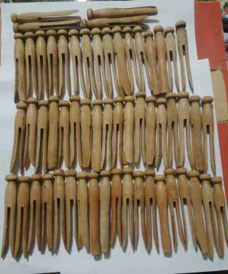 Vintage Round Wooden Clothes Pins,  57 Pins Total