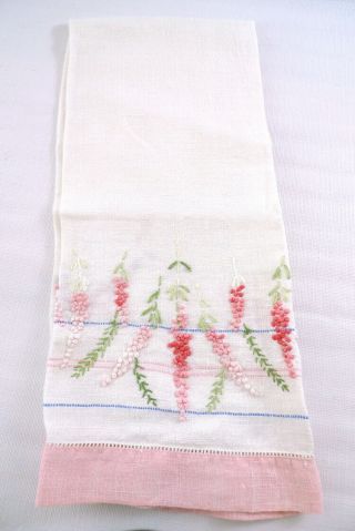 Vintage Pink Embroidered Linen Tea Towel Floral Design 15 " X 28 "