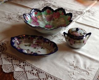 3 Vintage Niippon Style Cobalt Blue Pink Roses China Mustard And 2 Dishes