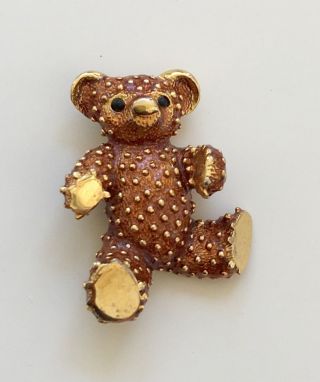 Adorable Vintage Textured Teddy Bear Brooch/pin In Enamel Gold Tone Metal