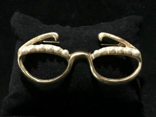 Vintage Eyeglasses Brooch Pin Eyeglass Holder Gold Tone With Faux Pearls 3 " Long