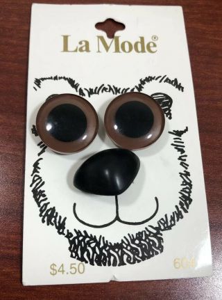Vintage La Mode Buttons On Card 5/8 " (16 Mm) Brown Black 3 Count Eyes Nose