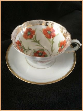 Vintage Hand Painted Nippon China Teacup And Saucer With Floral Poppy Motif