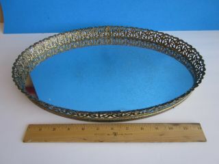 Vintage Oval Mirrored Vanity/dresser Tray Gold Filigree Metal Frame