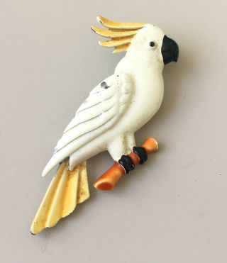 Vintage Cockatoo Parrot Bird Brooch Pin In Enamel On Metal