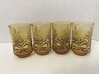 Set Of 4 Vintage Libbey Amber Small Juice Glasses Wheat Pattern
