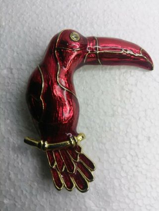 Vintage 3 " X 2.  5 " Toucan Bird Brooch Pin Rhinestone Eye Red Gold Enamel