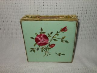 Vintage Porcelain Hand Painted Match Box Holder Green Floral Ribbon Trim
