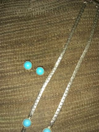 Vintage Sarah Coventry Chain Necklace and Earrings Faux Turquoise Silver Tone 2