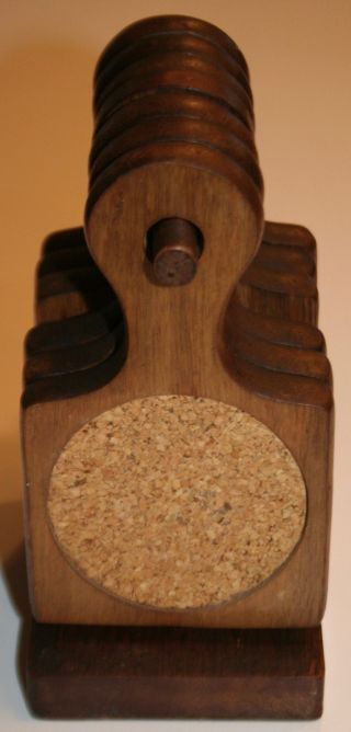 Vintage Wooden Cork Coaster Set 7 With Wooden Dowel Holder