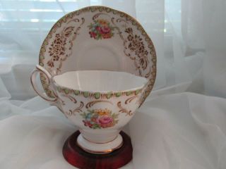 Vintage Royal Albert Brown Damask Footed Tea Cup & Saucer Bone China England
