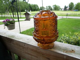 Vintage Indiana Glass Fairy Lamp Holds Votive Candle Stars & Bars Amber Color