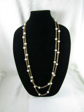 Vintage White Glass Faux Pearl Gold Tone Single Strand Long Necklace 72 "