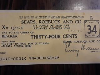 Vintage Sears,  Roebuck & Co.  $0.  34 Ck.  From The 1st National Bank Of Atlanta,  Ga