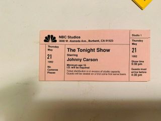 Vintage Johnny Carson Tonight Show Ticket May 21 1992 2nd From The Last Taping