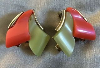 Vintage Lime Green And Orange Thermoset Goldtone Clip - On Earrings