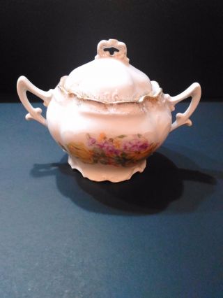 Vintage German Floral Porcelain Sugar Bowl Handles Lid Gold Trim