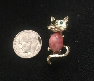 Vintage Gold Tone Cat Pin Brooch Green Eyes W/pink Stone Bellie Mini Small