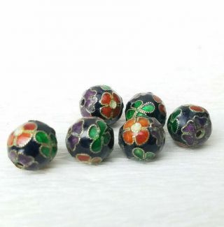 Vtg Unusual Black Orange Flowers Cloisonne Chinese Enamel 9mm 6 Beads