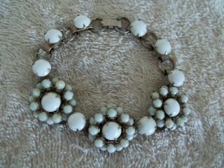 Vintage Bracelet,  Silver Tone Metal Links,  White Lucite Stones,  Flower Design