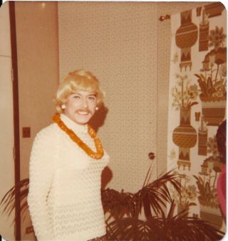 Vintage Color Photo Man Mustache Big Chest Cross Dressing As Blond Woman