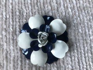 Vintage Navy Blue And White Enamel Flower Brooch
