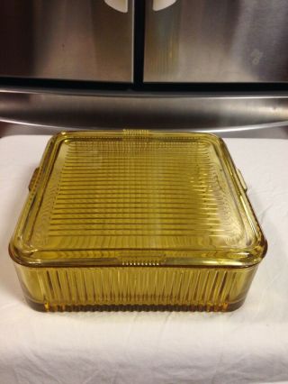 Large Vintage Ribbed Amber Glass Refrigerator Dish - Square Food Container