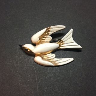 Vintage Coro Pegasus Swallow Bird Gold & White Enamel Brooch Pin - Signed