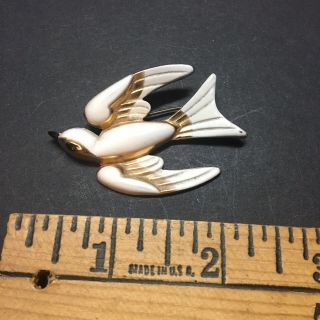 Vintage Coro Pegasus Swallow Bird Gold & White Enamel Brooch Pin - Signed 4