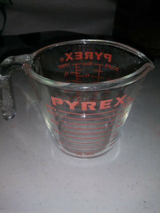 Vintage Pyrex 2 Cup Measuring Cup 1 Pint 16oz Handle Clear Glass Red Print