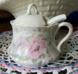 Vintage Porcelain Germany Jam Or Mustard Pot W/lid & Spoon Roses