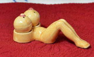 Vintage Salt & Pepper Shaker 3 Piece Set Nude Naked Busty Lady Figure Repaired