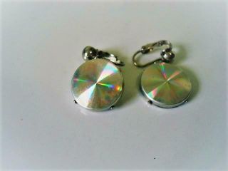 Vintage Silver Tone Clip On Earrings With Hologram Dangles