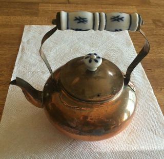 Vintage Copper Plated Teapot Tea Kettle Pot With White & Blue Porcelain Handle