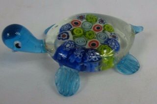 Vintage 3 " Light Blue Art Glass Turtle Millefiori Global Village Paperweight