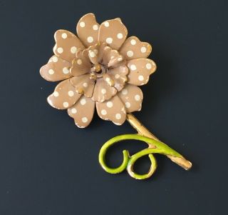 Vintage Polka Dot Flower Leaf Brooch In Enamel On Gold Tone Metal.