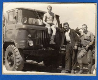 Soviet Army,  Soldier,  Military Semi Nude Man Sits On The Truck,  Vtg
