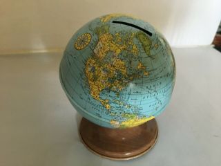 Vintage Metal Tin World Globe Still Coin Bank