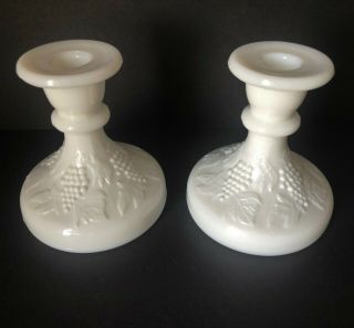 Vintage Milk Glass Candle Holders Grape Leaf Pattern Set Of 2