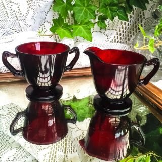 Vintage Anchor Hocking Royal Ruby Red Depression Glass Creamer & Sugar Bowl Set