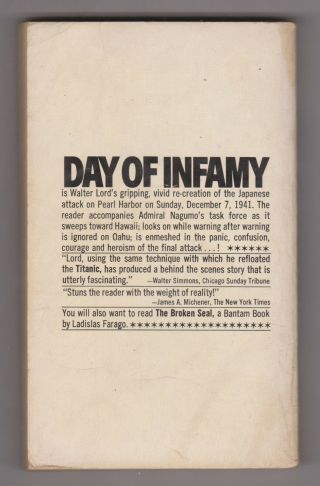 Day of Infamy by Walter Lord 1970 Pearl Harbor.  Bantam Books Vintage Paperback 2