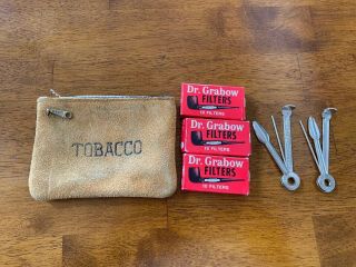 Vintage Stamped Leather Pipe Tobacco Pouch,  Grabow Filters,  2 Tinder Tools