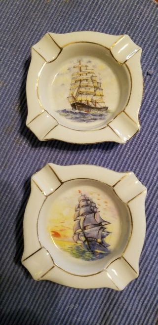 2 Small Vintage Porcelain Ashtray Sailboat Image Made In Japan.  Sail Boats